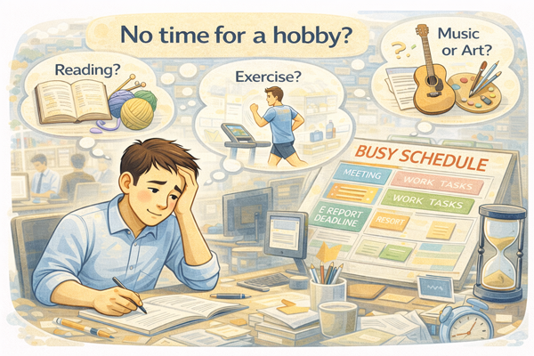 시간 부족한 직장인 취미를 고민하는 상황
