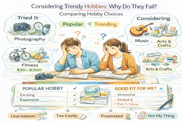 유행 취미 실패 이유를 고민하며 취미 선택을 비교하는 모습