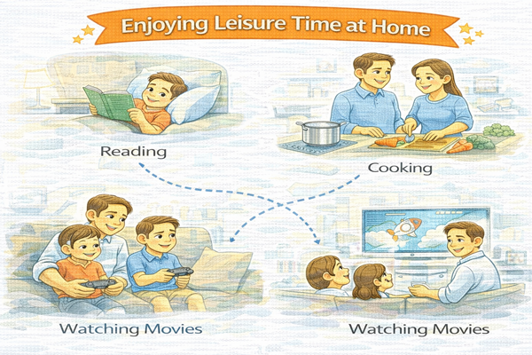 집에서 할 수 있는 여가 활동을 즐기는 일상 모습