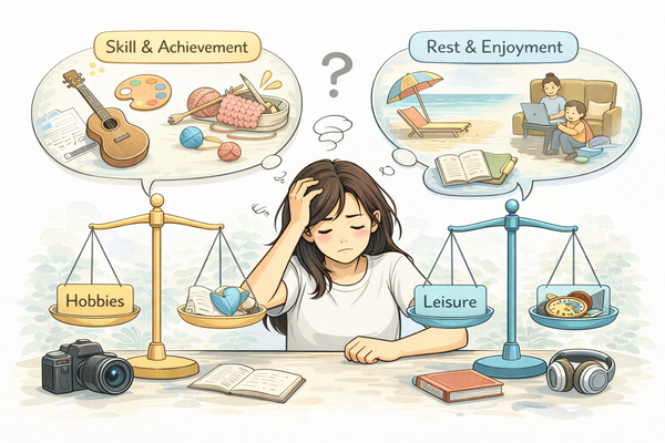 취미와 여가 차이를 비교하며 고민하는 상황