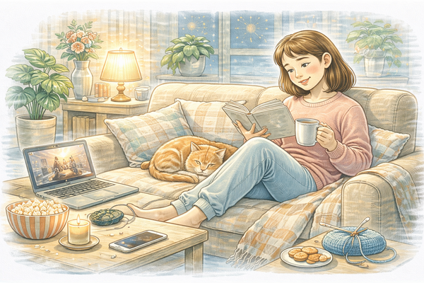 혼자 보내는 주말 여가 시간을 편안하게 보내는 모습