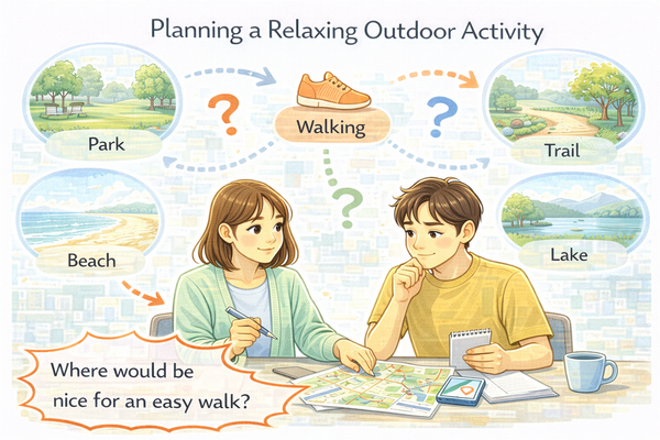 부담 없는 야외 취미를 고민하며 산책 활동을 계획하는 모습