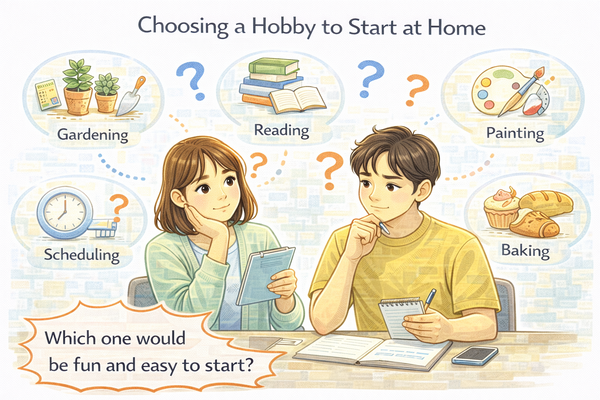 집에서 시작하기 좋은 취미를 고민하며 활동을 선택하는 모습