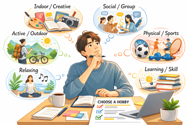 취미 선택 기준을 고민하며 성향에 맞는 취미 활동을 선택하는 모습